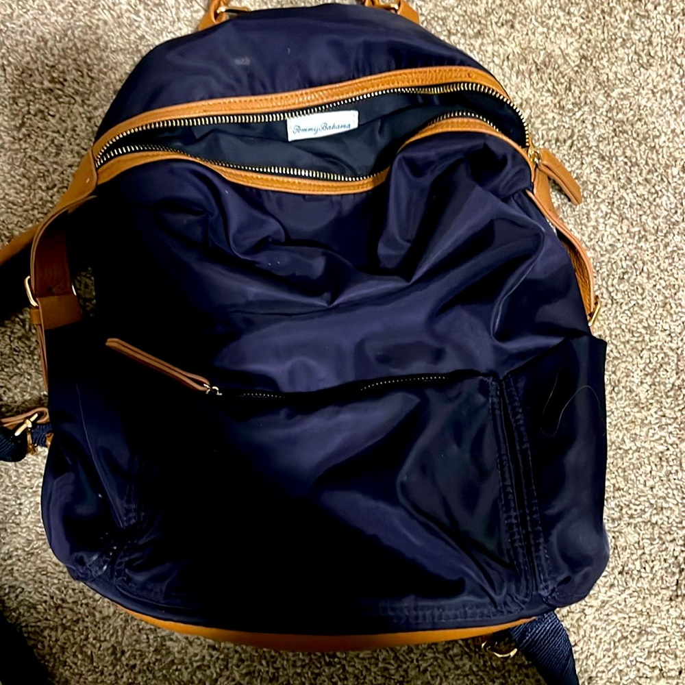 Tommy Bahama Navy Nylon Campus Backpack  Tan Faux Leather Trim Handbag